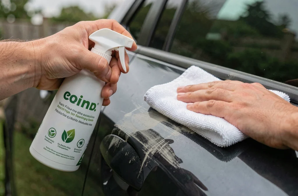 Gros plan des mains appliquant un produit écologique de lavage sans eau sur la carrosserie noire d'une voiture