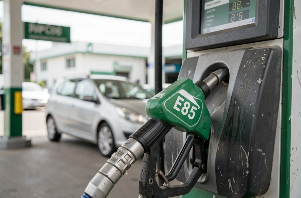 Gros plan sur un pistolet de pompe à carburant E85 éthanol dans une station-service française