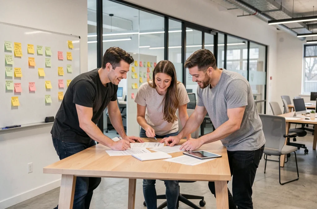 Groupe de jeunes créateurs d'entreprise en réunion collaborative dans un espace de coworking avec tableau blanc et notes adhésives