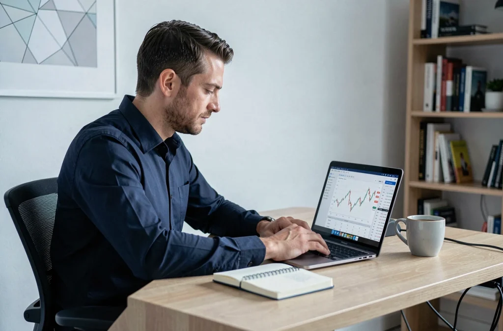 Homme consultant des graphiques financiers sur ordinateur portable dans un bureau à domicile pour optimiser son épargne face à l'inflation