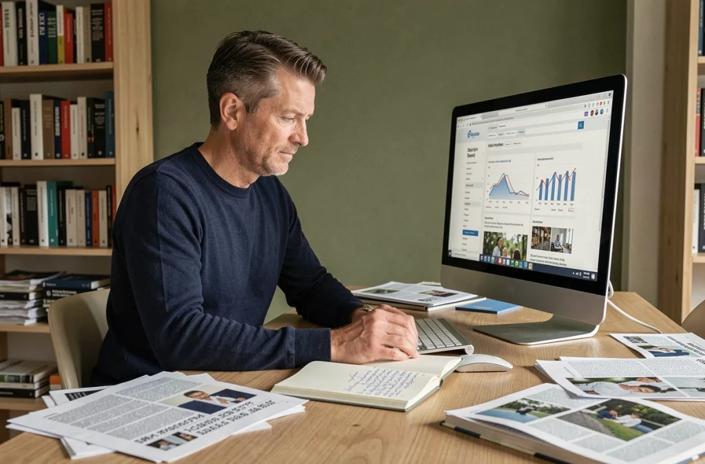 Homme consultant un blog d'actualité business et IA générative depuis son bureau à domicile avec des notes manuscrites