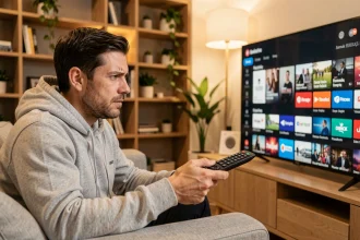 Homme frustré cherchant une chaîne Live TV sur son téléviseur dans un salon moderne en 2026