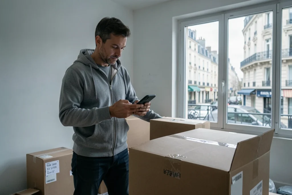 Homme consultant son téléphone portable dans un appartement en cours de déménagement pour contacter France Travail