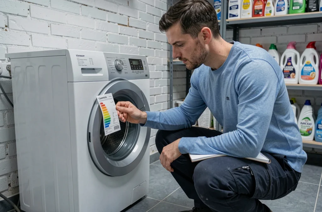 Homme lisant une étiquette de consommation énergétique sur un lave-linge dans une buanderie organisée