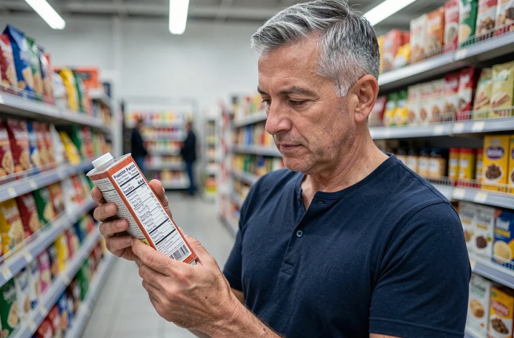 Homme lisant l'étiquette nutritionnelle d'un produit pour éviter le sucre ajouté et préserver son immunité