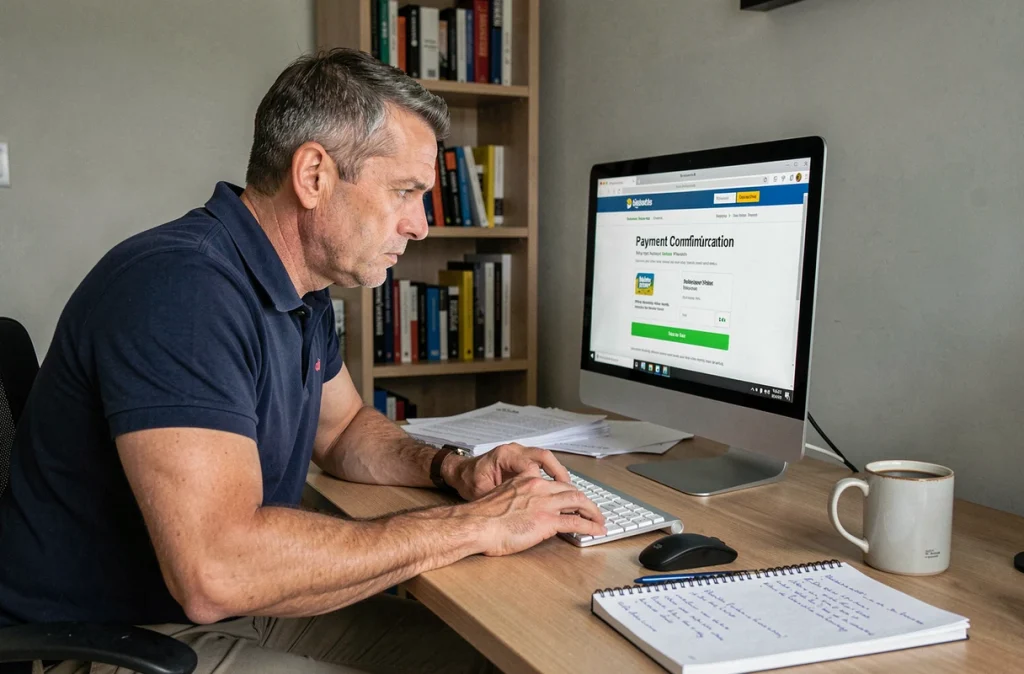 Homme face à un faux site de paiement sur ordinateur, illustration d'une escroquerie type Bon Coin avec page frauduleuse