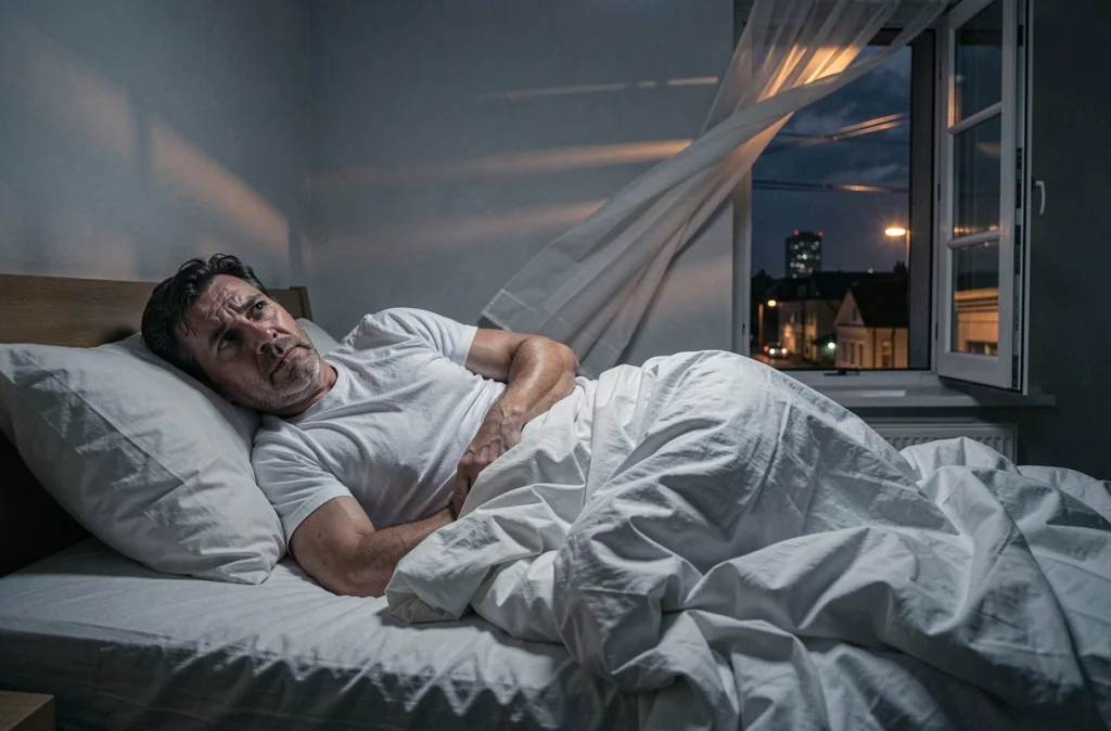 Homme insomniaque allongé dans sa chambre la nuit, incapable de dormir à cause du bruit urbain extérieur, représentant les troubles du sommeil liés à la pollution sonore