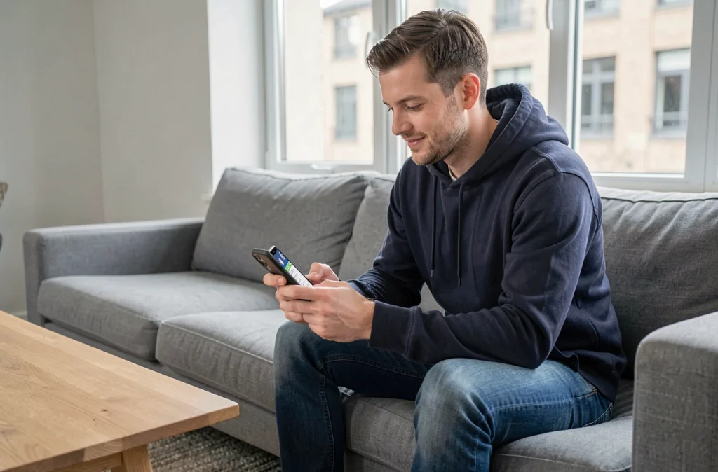 Homme consultant le site Nokraf sur son smartphone depuis son salon