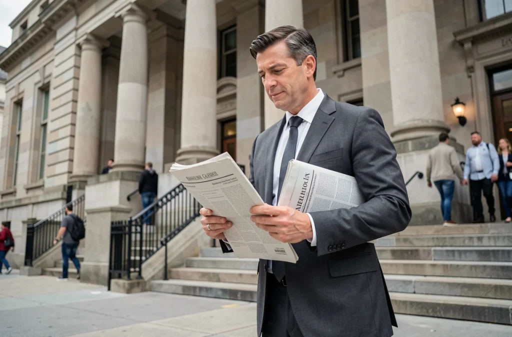 Homme en costume devant un palais de justice tenant un avis légal, symbolisant l'impact des nouvelles législations sur les citoyens