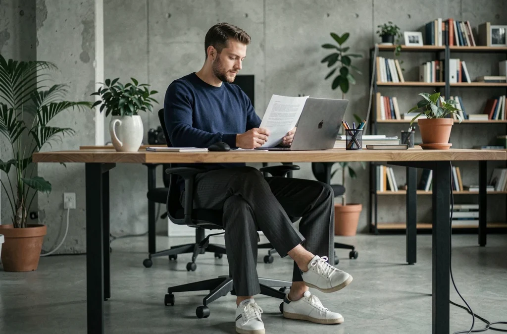 Homme en pantalon large gris à fines rayures dans un bureau contemporain en open space