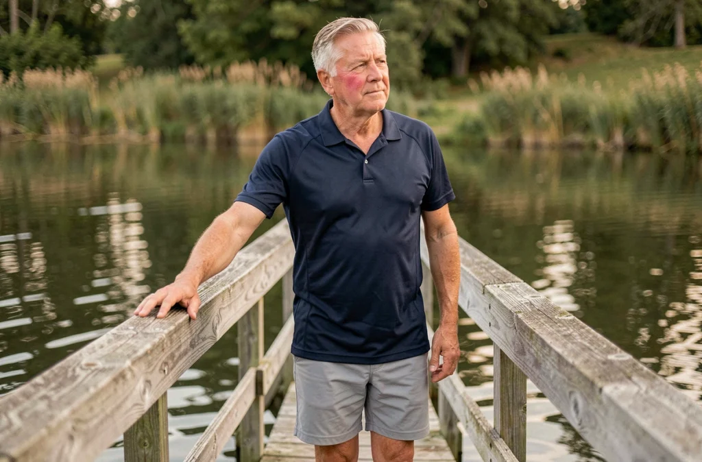 Homme de 62 ans s'arrêtant sur un pont en bois au-dessus d'une rivière lors de sa marche matinale, symbolisant les effets positifs de la marche sur la santé cardiaque