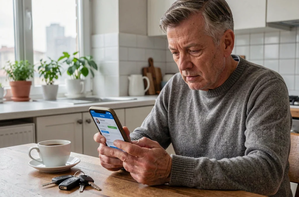 Un homme planifie son trajet en covoiturage sur une application mobile depuis son appartement