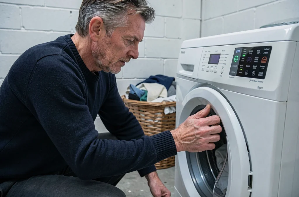Homme sélectionnant un programme éco sur un lave-linge pour économiser l'électricité
