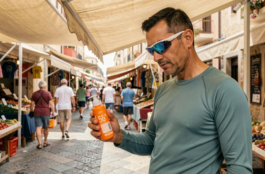 Homme examinant un produit solaire SPF50 dans un marché extérieur méditerranéen en été