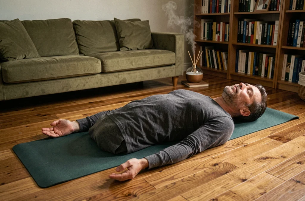 Homme allongé en posture de relaxation profonde sur un tapis de yoga dans un salon cosy dans le cadre d'une routine de méditation avant le sommeil
