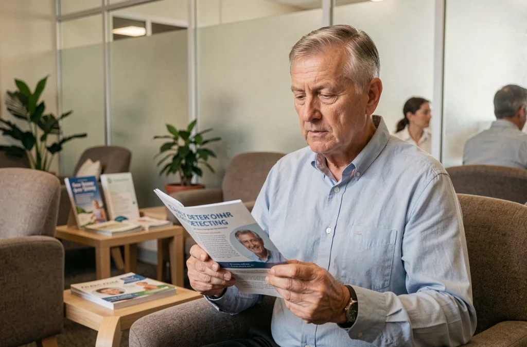 Homme lisant une brochure sur le dépistage précoce du cancer dans une salle d'attente médicale