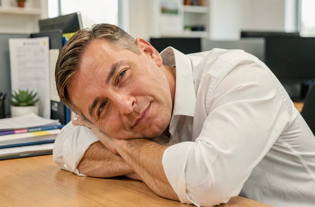 Homme faisant une courte sieste à son bureau au travail pendant la pause déjeuner