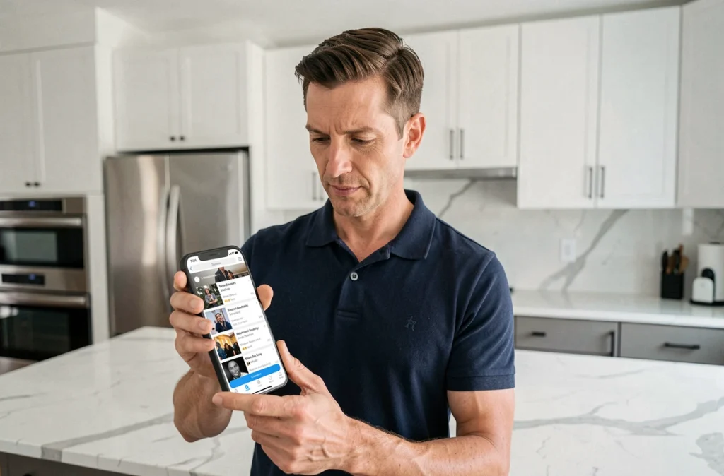 Homme consultant son smartphone pour trouver la nouvelle adresse de Live TV dans une cuisine moderne