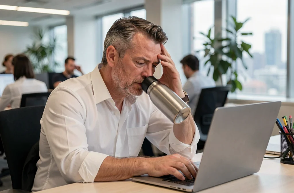Homme au bureau buvant de l'eau pour lutter contre les maux de tête liés au manque d'hydratation