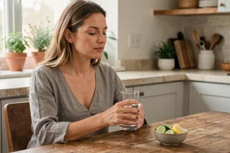 Femme buvant un verre d'eau dans sa cuisine pour prévenir les migraines liées à la déshydratation