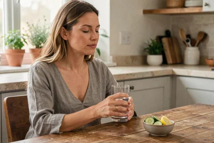 Femme buvant un verre d'eau dans sa cuisine pour prévenir les migraines liées à la déshydratation