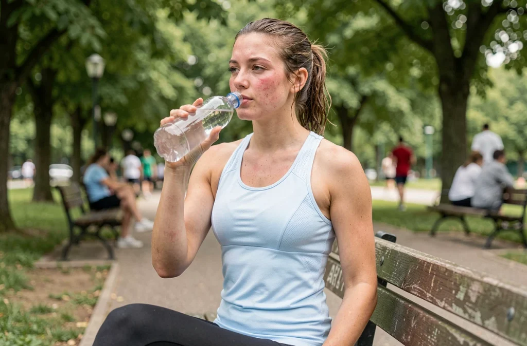 Jeune femme sportive qui s'hydrate dans un parc pour prévenir les migraines après l'effort physique