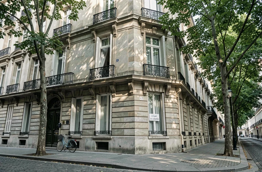Façade d'immeuble haussmannien avec panneau de colocation à louer dans une rue pavée française