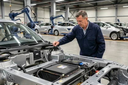 Ingénieur inspectant le châssis d'une voiture électrique sur une chaîne de montage française