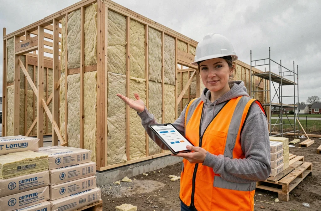 Ingénieure en construction supervisant la pose d'isolants thermiques sur un chantier de maison neuve