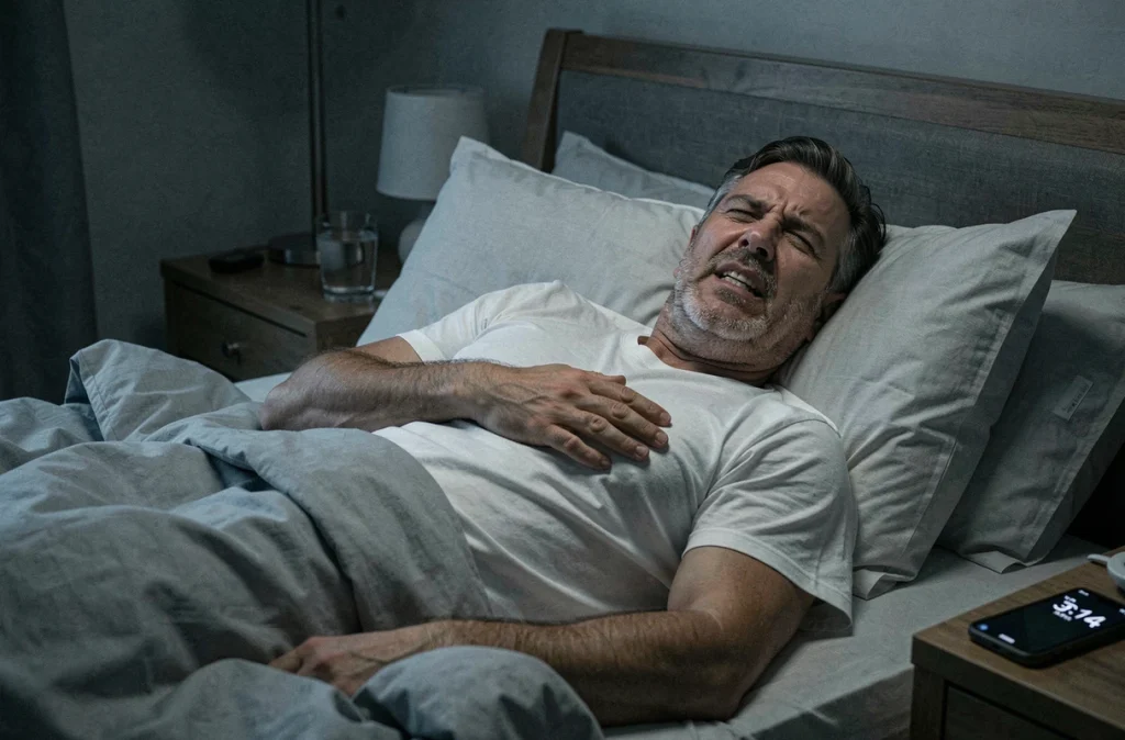 Homme insomniaque allongé dans son lit la nuit, symptôme du stress chronique sur le sommeil et la santé