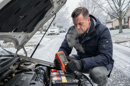 Homme inspectant la batterie de sa voiture sous le capot ouvert par une matinée hivernale givrée