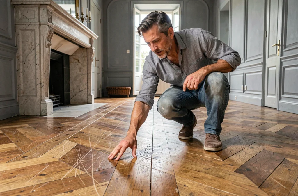 Homme inspectant un parquet ancien en chevrons dans un appartement haussmannien parisien