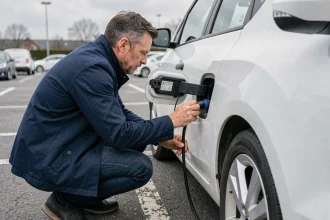 Homme inspectant la prise de charge d'une voiture électrique d'occasion dans un parking