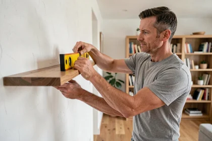 Homme installant une étagère murale en bois avec un niveau à bulle dans un salon moderne