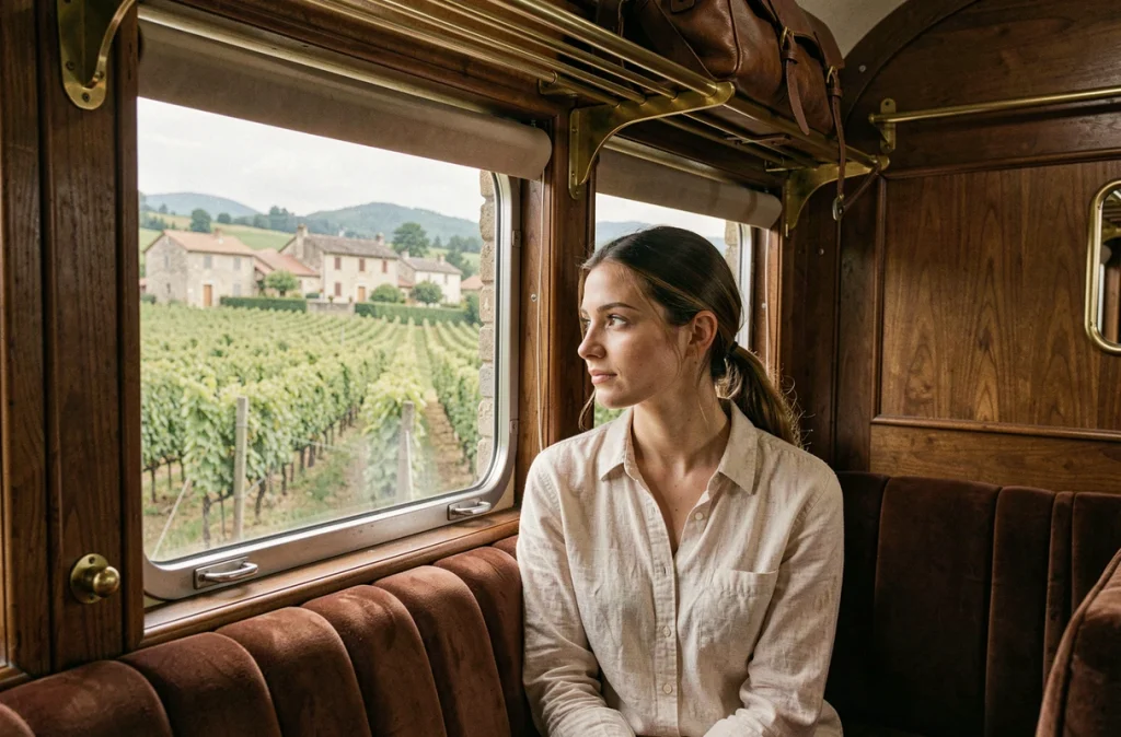 Femme voyageant dans un compartiment de train vintage restauré avec vue sur les vignobles et villages pittoresques