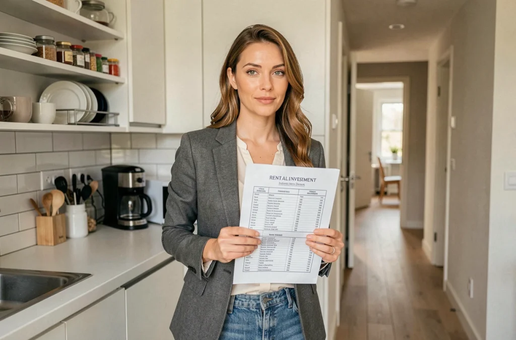 Femme investisseuse immobilière tenant un tableau de rentabilité de colocation dans une cuisine moderne