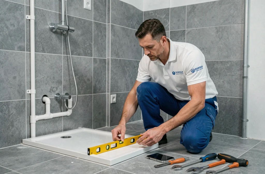 Plombier installateur d'ITS posant un receveur de douche dans une salle de bain en chantier à Orléans