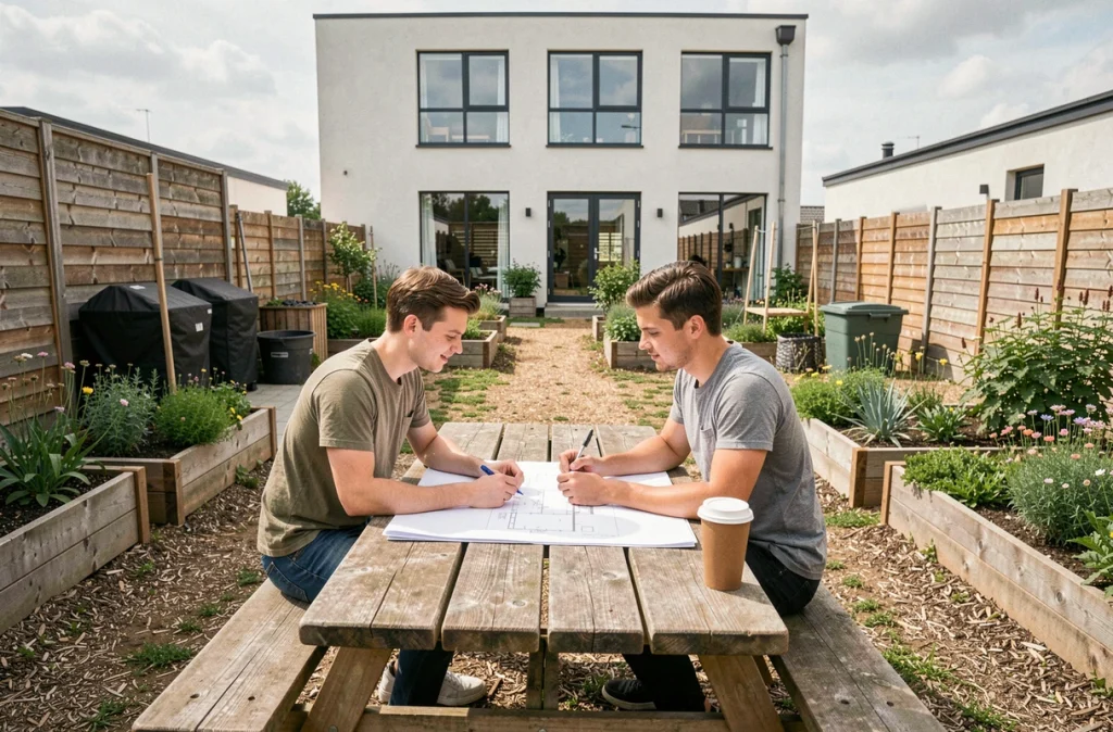 Couple de jeunes propriétaires consultant des plans dans le jardin partagé en permaculture d'une copropriété durable