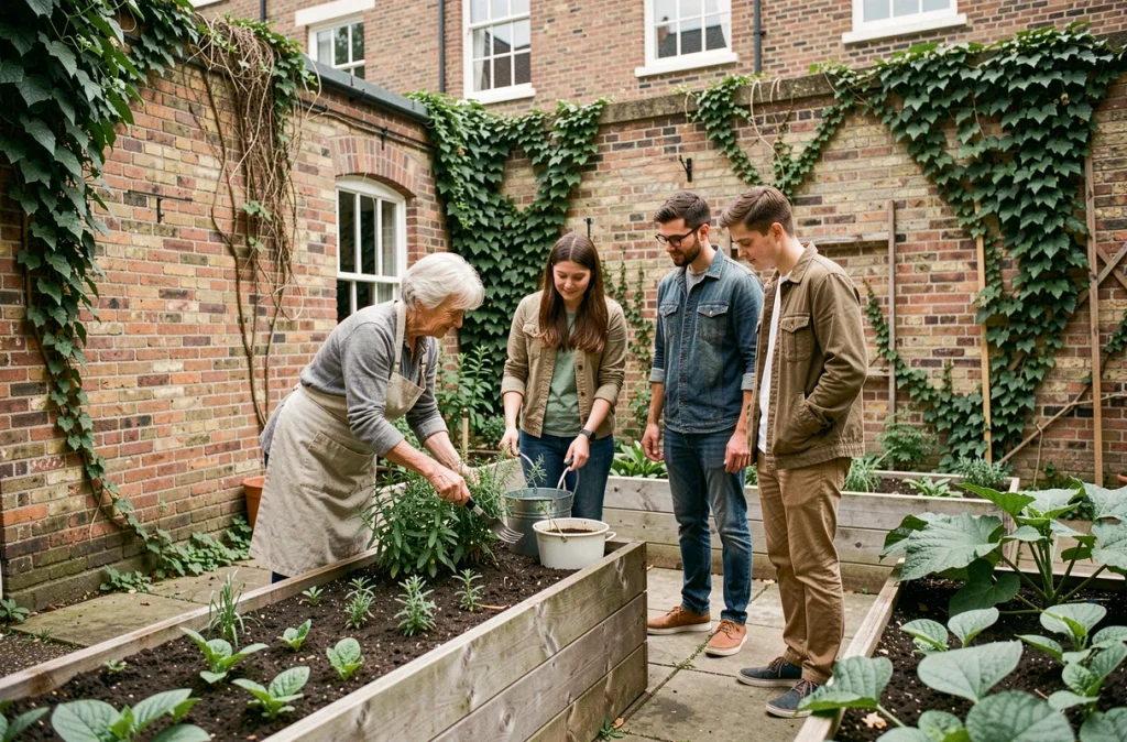 Des résidents de plusieurs générations jardinent ensemble dans la cour intérieure d'une résidence intergénérationnelle urbaine
