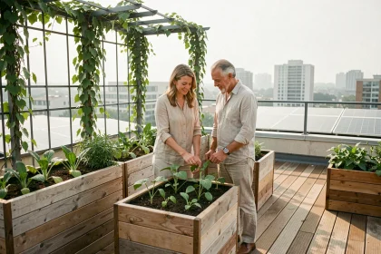 Couple inspectant un jardin potager partagé sur le toit d'une copropriété verte moderne en ville