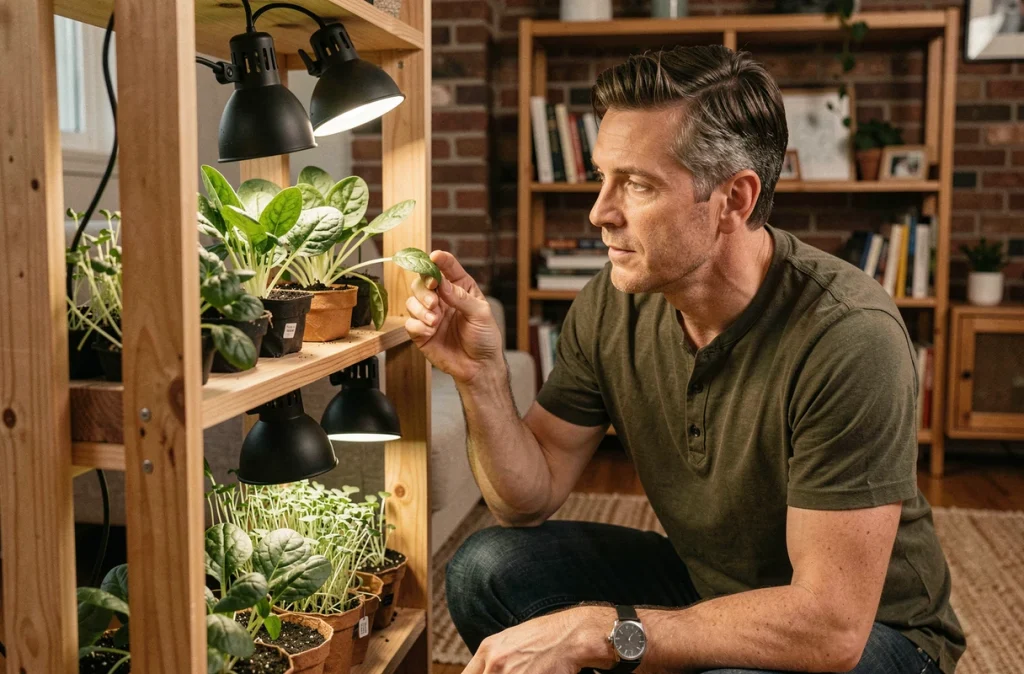 Homme inspectant son jardin vertical d'intérieur avec épinards et micropousses sur une étagère en bois dans un salon d'appartement