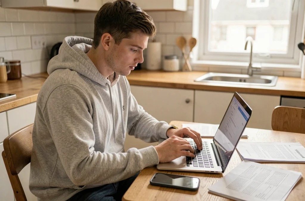 Jeune homme consultant des documents d'assurance auto sur un ordinateur portable dans une cuisine, démarches administratives pour jeune conducteur