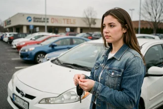 Jeune femme conductrice tenant ses clés de voiture devant un véhicule compact, illustrant l'assurance auto pour jeunes conducteurs