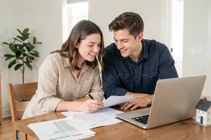 Jeune couple primo-accédant examinant des documents de prêt immobilier à taux zéro autour d'une table en bois dans un appartement moderne