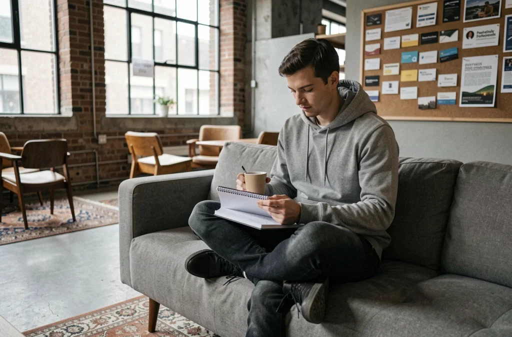 Jeune entrepreneur décontracté prenant des notes dans la zone lounge d'un espace de coworking avec grandes fenêtres industrielles