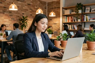 Jeune femme entrepreneur travaillant sur son ordinateur portable dans un espace de coworking moderne aux murs en briques apparentes