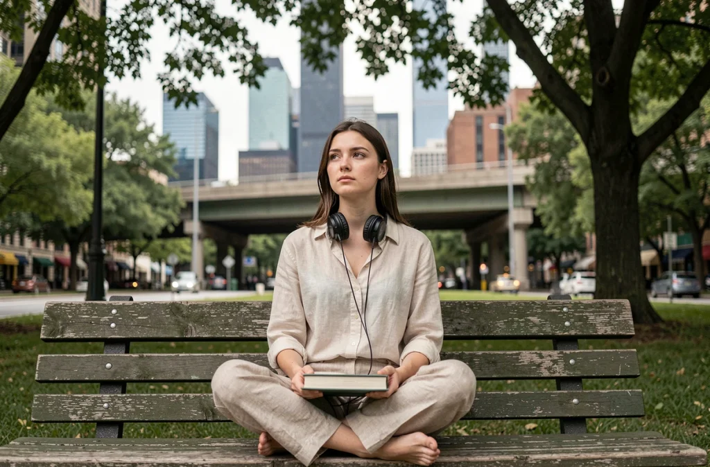 Jeune femme épuisée assise dans un parc urbain entourée de bruit de circulation, illustrant la fatigue mentale et l'anxiété causées par la pollution sonore en ville