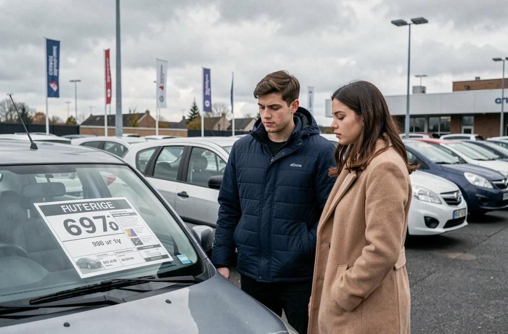 Deux jeunes conducteurs examinant les informations d'assurance d'une voiture d'occasion dans un concessionnaire automobile
