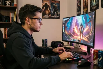Joueur concentré devant son écran de jeu RPG fantasy pour progresser rapidement au niveau 200 dans Dofus Royaume d'encre