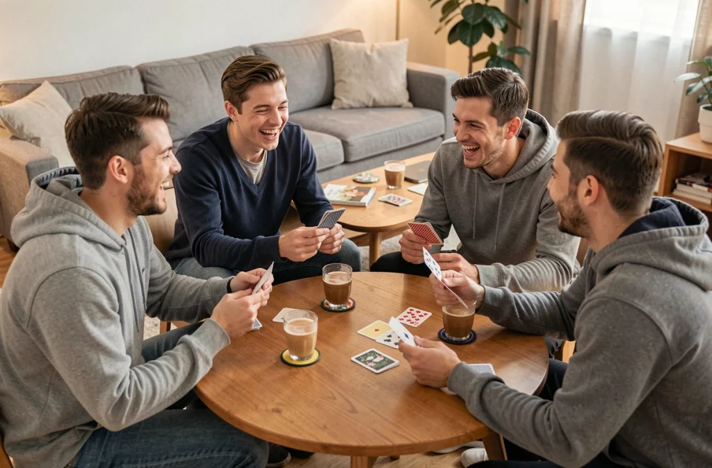 Groupe de jeunes adultes jouant au jeu de cartes Palmiers autour d'une table dans un salon convivial avec boissons